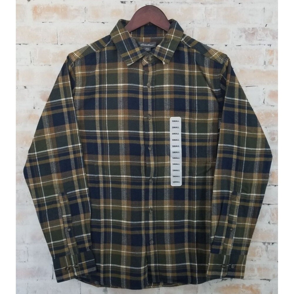 NWT Eddie Bauer Flannel Green Rosin Loden Plaid‎ Button Up LS Shirt Small